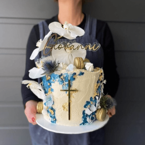 Floating name and cross cake topper set